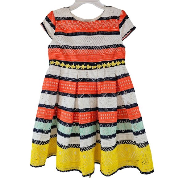 Youngland Girls Size 5  Striped Crochet Lace Pleated Dress with Daisy Trim at Wa - Picture 1 of 4